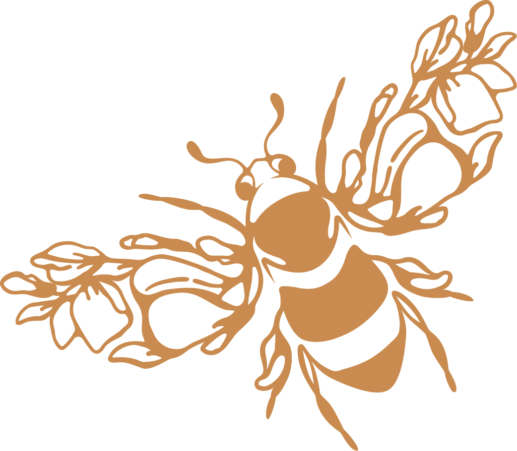 Logo restauracji Miedź i Miód; sygnet przedstawiający pszczołę z wkomponowanymi elementami floral w kształt skrzydeł